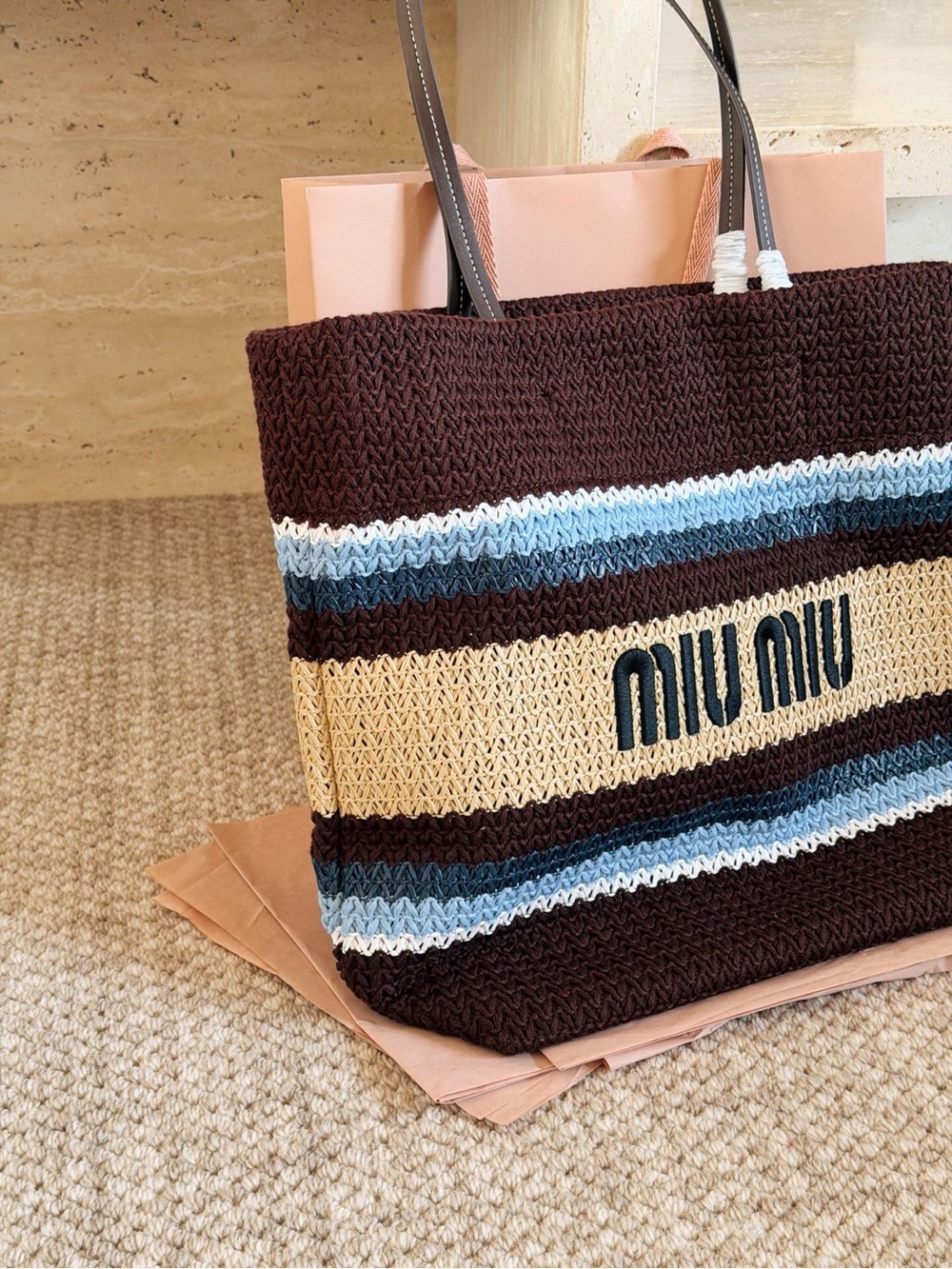 Miu Miu Brown Knit Stripe Tote Bag - Picture 5 of 6